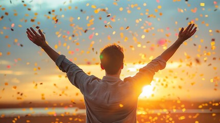 Fototapeta na wymiar Joyful Person with Arms Raised Celebrating with Confetti at Sunset