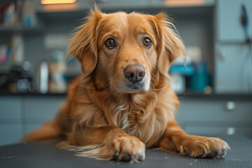 Golden Retriever in a veterinary clinic sitting with his front paws on the table and looking thoughtfully.