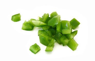 Sliced green bell pepper in a bowl on white background - 763576571