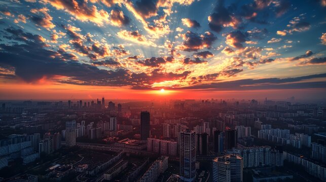 Sunset over urban skyline. Aerial view of cityscape with high-rise buildings and dramatic clouds