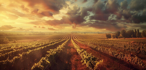 visual of a sprawling vineyard at sunset, with rows of grapevines under a sky painted with hues of lavender and gold, focusing on the symmetry and natural beauty - obrazy, fototapety, plakaty