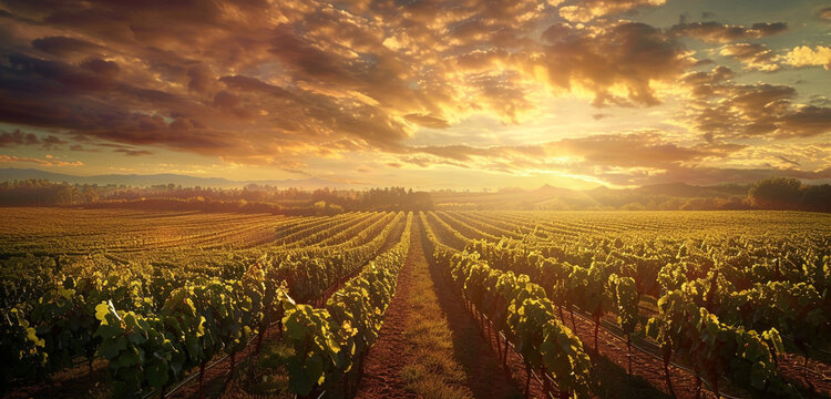 visual of a sprawling vineyard at sunset, with rows of grapevines under a sky painted with hues of lavender and gold, focusing on the symmetry and natural beauty