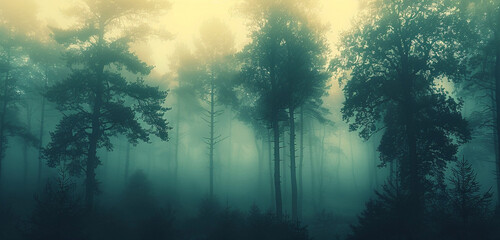 a mysterious, fog-covered forest at dawn, with the silhouettes of trees and the subtle color...