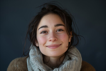 A lady smiles beautifully in front of the camera, portrait with isolated dark blue background.
