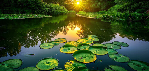 a calm, reflective pond surrounded by vibrant, green lily pads under a soft, golden sunset, highlighting the intricate details and textures of the water and plants