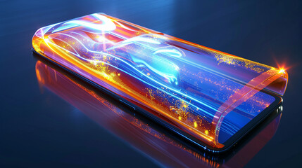 A conceptual image of a smartphone with a flexible, wrap-around screen, demonstrating a seamless, edge-to-edge display technology on a smooth, curved surface. 32k, full ultra HD, high resolution