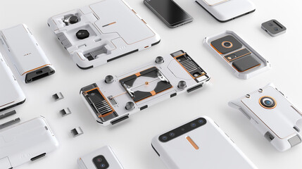 A futuristic, modular smartphone system, with components that can be attached or detached, displayed on a minimalist, white background to highlight its versatility. 32k, full ultra HD, high resolution