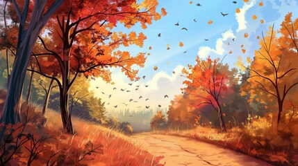 Naklejka na ściany i meble Enchanting Autumn Landscape with Golden Foliage and Migrating Birds