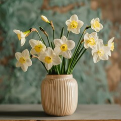 Elegant White Daffodils in Ceramic Vase on Wooden Table Against Textured Background