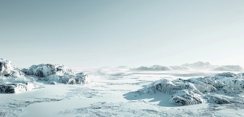 Fototapeta na wymiar a rugged, icy landscape under a clear, pale blue sky, detailing the crisp textures of snow and ice against the stark, cold environment