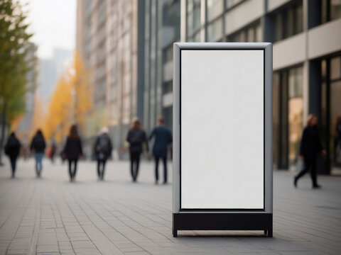 Mockup of a marketing mupi billboard on a sustainable and contemporary empty city street with people on the background and autumn atmosphere

