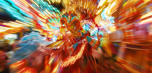 High-resolution image capturing the bright, vibrant colors and dynamic festivities of a traditional street carnival, filled with energy and movement