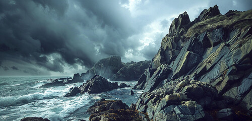 a rocky coastline with sharp, jagged cliffs against a stormy, dark blue sky, showcasing the power of nature and the intricate textures of the rocks