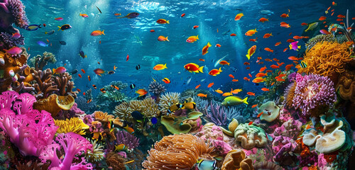 a colorful, bustling coral reef, alive with a variety of fish and marine life, showcasing the vibrant biodiversity of underwater ecosystems