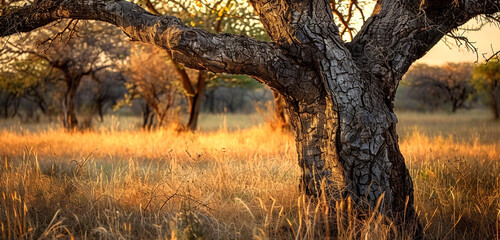 an isolated, ancient tree in a dry savanna at golden hour, emphasizing the textures and colors of...