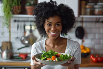 A young cheerful smiling girl in the kitchen preparing a salad and tasting it, healthy food