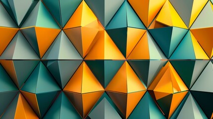 Abstract geometric pattern with orange and teal triangles. 3D digital art design for print and poster.