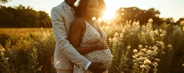 Couple expecting a baby embracing in a sunset field. Maternity and family concept. Design for greeting card, invitation, poster - obrazy, fototapety, plakaty