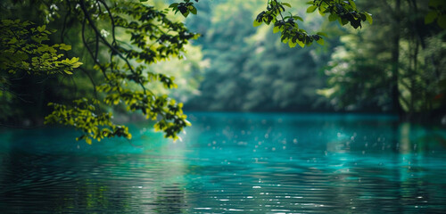 a serene, turquoise lake surrounded by lush, dark green foliage, capturing the smooth water surface and the detailed leaves and branches