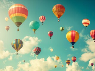 Obraz premium Colorful Hot Air Balloons Soaring in Sunny Blue Sky with Clouds