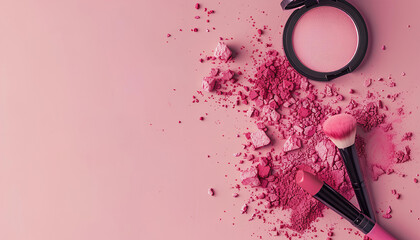 many cosmetics products for makeup on pink pastel background.