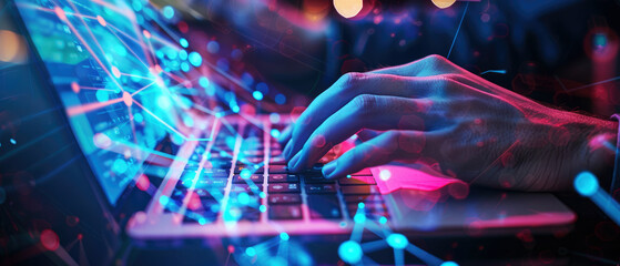 Person works with laptop on dark background, view of hands and digital data. Theme of computer technology, privacy, network, cyber security, information, tech
