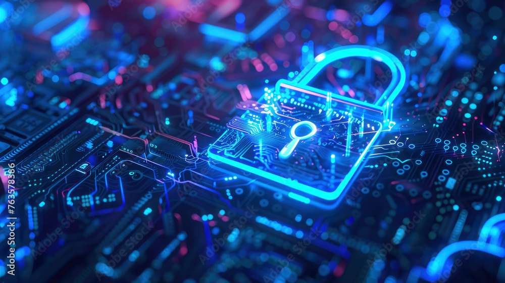 Canvas Prints digital padlock in cyber space, abstract blue data background, secure computer information. theme of