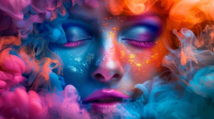A woman with colorful makeup and hair is surrounded by smoke, AI