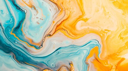 Abstract background of acrylic paint in blue and yellow tones. Liquid marble pattern.
