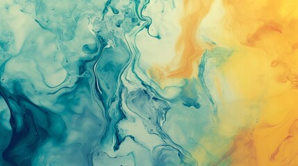 Abstract background of acrylic paint in blue and yellow tones. Liquid marble pattern. - obrazy, fototapety, plakaty