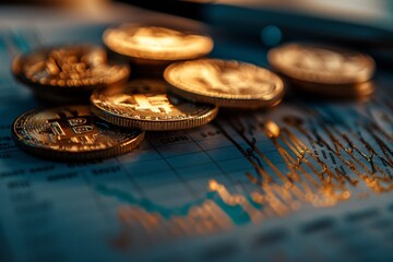 Multiple Bitcoins rest on a financial graph chart symbolizing the impact of digital currency on global finance and market trends