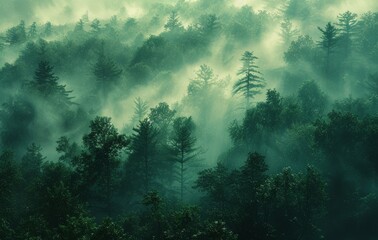 Mystical Forest in Mist: Enchanted Greenery with Morning Dew and Soft Sunlight