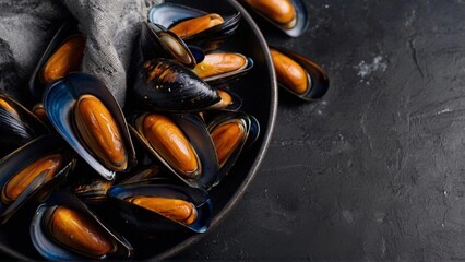 Large mussels on a black background. Healthy seafood. Healthy eating. - obrazy, fototapety, plakaty