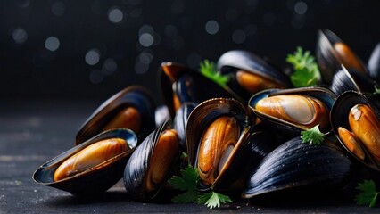 Large mussels on a black background. Healthy seafood. Healthy eating. - obrazy, fototapety, plakaty