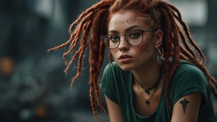 Close-up portrait of a modern charming girl wearing glasses and modern dreadlocks. Tattoo.