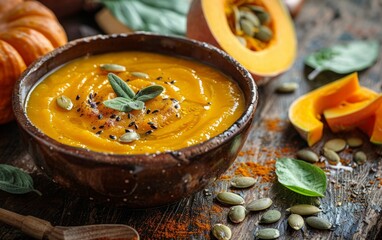 Rustic bowl of creamy pumpkin soup garnished with seeds and sage on a wooden backdrop