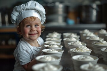 Adorable Toddler in Chef's Hat Proudly Posing with Homemade Whipped Cream Desserts
