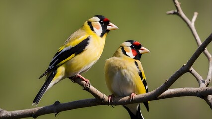 Fototapeta premium A pair of goldfinches basking in the sunlight, their feathers gleaming as they hop from branch to branch.