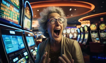 Fotobehang A shocked surprised woman after winning a slot machine at a casino © piai