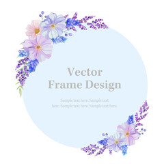 Botanical round and circle frame and  border of spring flower and leaf. Blue, pink and purple wild flowers vector illustration.