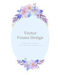 Botanical oval frame and  border of spring flower and leaf. Blue, pink and purple wild flowers vector illustration.