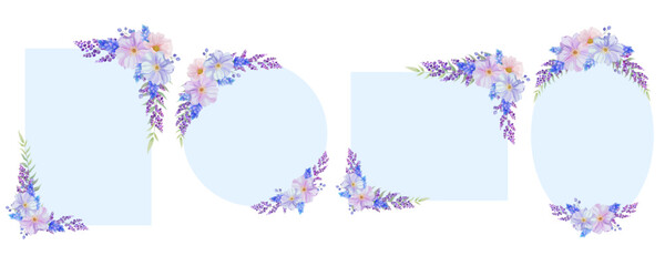 Botanical frame. and border and set. Blue, pink and purple wild flower on white background. Circle, oval and rectangle with plant wreath. Vector illustration.