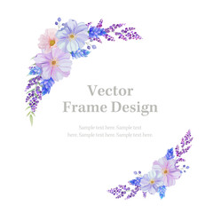 Botanical round and circle frame and  border of spring flower and leaf. Blue, pink and purple wild flowers vector illustration.