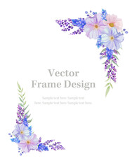 Botanical rectangle frame and border of spring flower and leaf. Blue, pink and purple wild flowers vector illustration.