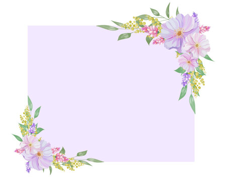 Botanical rectangle frame and border of spring flower and leaf. Yellow, pink and purple wild flowers vector illustration.