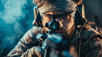 A close up of a man with glasses aiming at something, AI - obrazy, fototapety, plakaty
