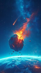Fiery asteroid approaching earth against starry sky