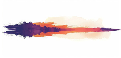 A sunset scene, with the sky in hues of orange and purple ink, reflecting in a tranquil lake,...