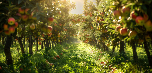 A sunlit orchard, with rows of bright green leafy trees, heavy with the deep red and golden hues of...