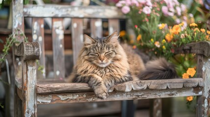 Fluffy cat sitting on a wooden bench in a flower garden. Outdoor pet leisure concept. Seasonal garden setting with a domestic cat.